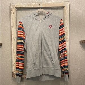 Gray Hoodie with Colorful Serape Striped Sleeves